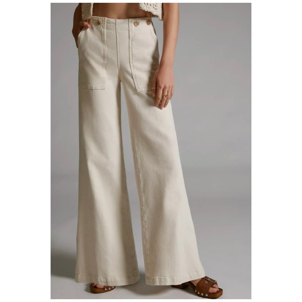 Anthropologie Pilcro Kit High Rise Wide Leg Buckle Trouser Pant Cream Pant 32